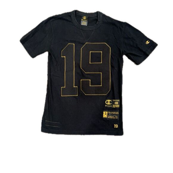 Champion 100 Years T-Shirt Mens Medium S Embroidered Logo Black Tee Short Sleeve - Picture 1 of 8